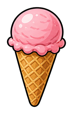 Pink ice cream scoop in a waffle cone sticker with a glossy, cartoon style.