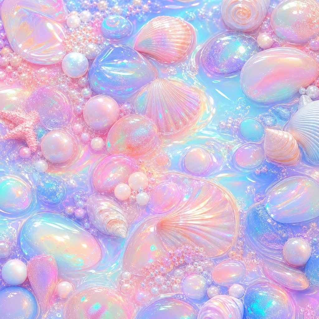 Pastel iridescent shells and glossy bubbles with a pearly shimmer texture