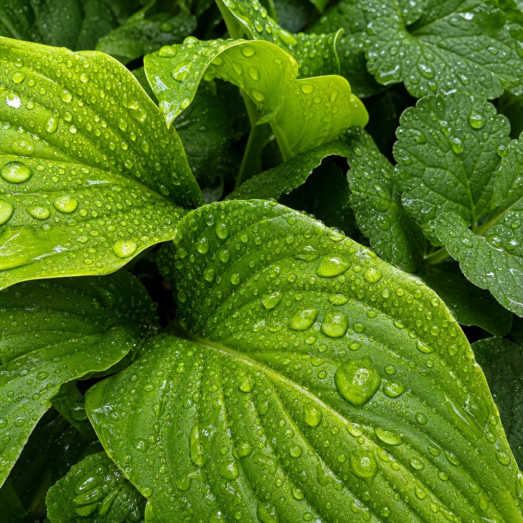 Close-up of fresh green leaves covered in rain droplets