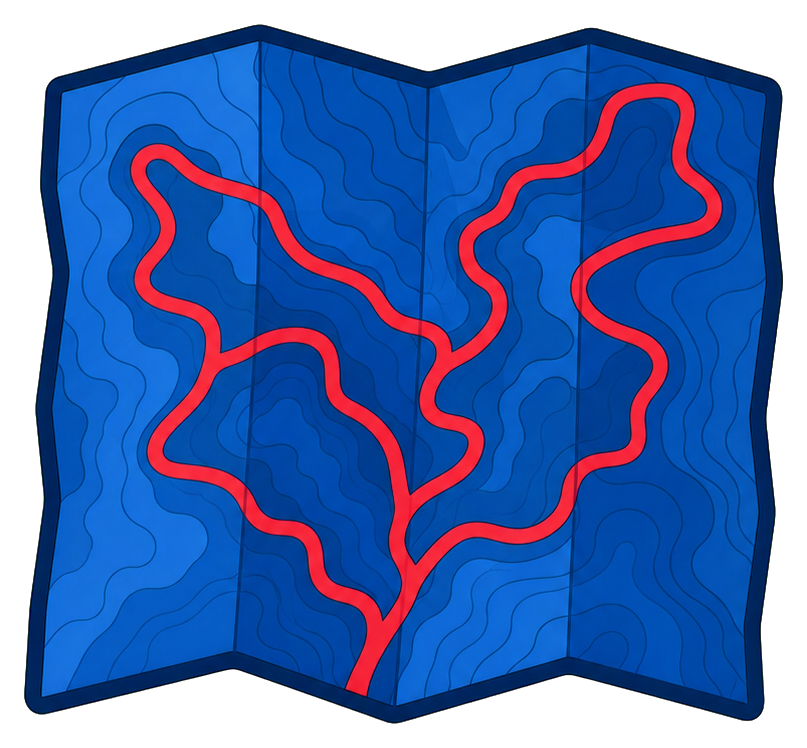 Blue folded trail map card with red route lines and contour patterns