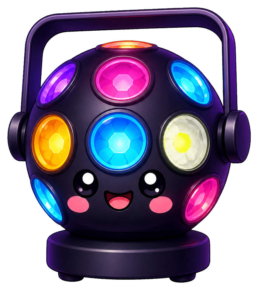 Colorful party light character with headphones and a smiling face