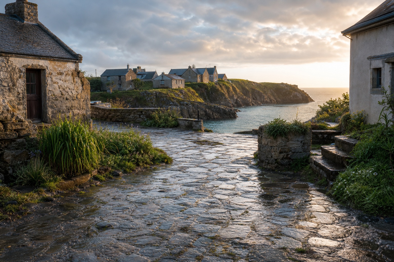 Wet stone courtyard leading to a coastal village harbor at blue hour beside rocky shoreline.