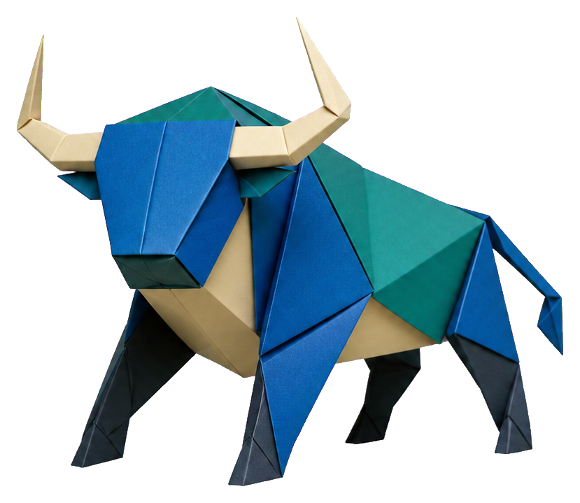 Blue and tan origami-style bull facing left with raised horns