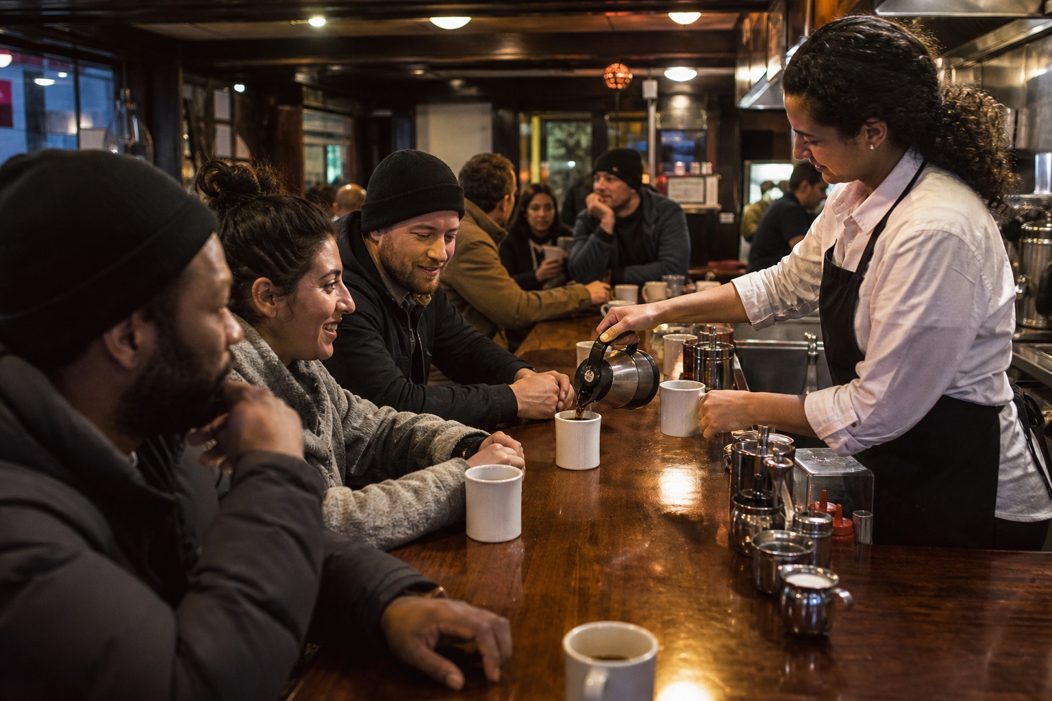 Candid late-night diner counter scene with people seated and a server pouring coffee.