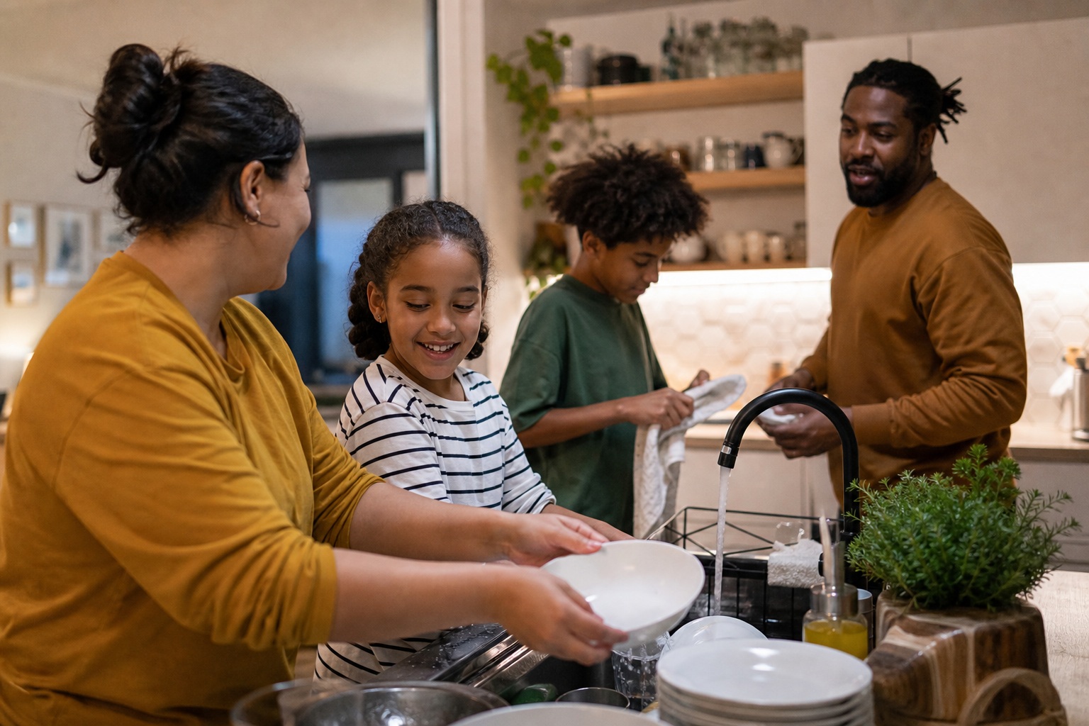 Family standing in a kitchen washing dishes together at the counter.