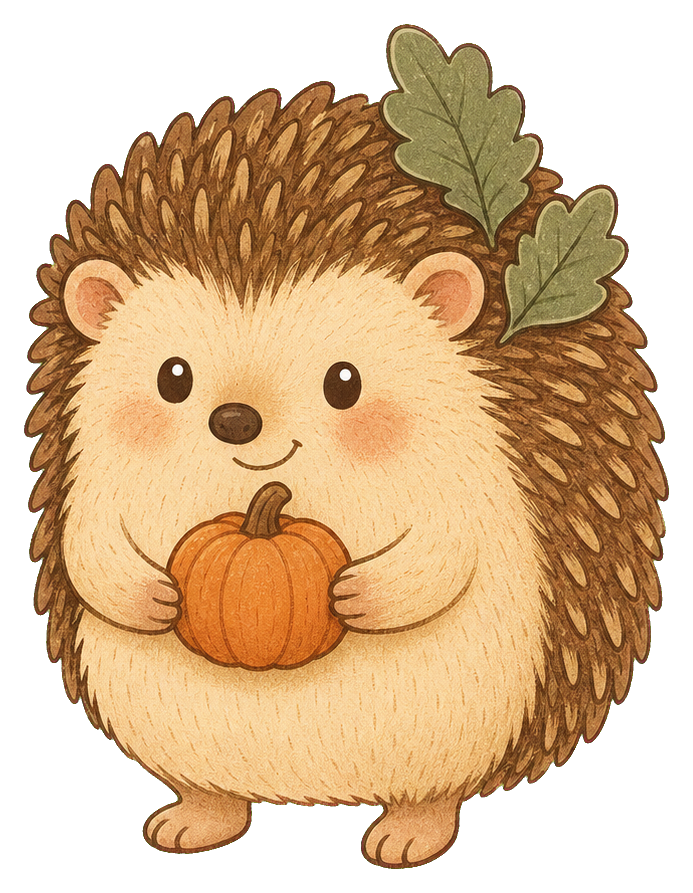 Cream hedgehog holding a small orange pumpkin with two leaves on its head