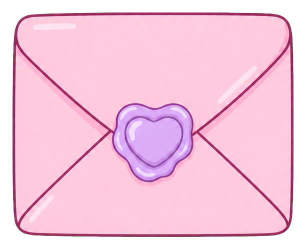 Pastel pink envelope with a purple heart seal and rounded corners