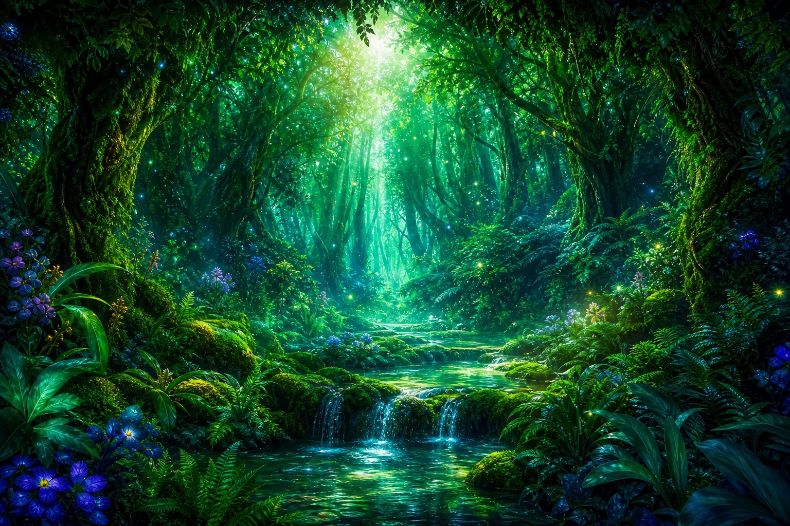 Lush enchanted forest with glowing green trees and a small stream