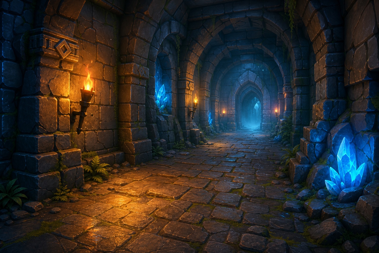 Torchlit stone dungeon corridor with glowing blue crystals along the walls and floor