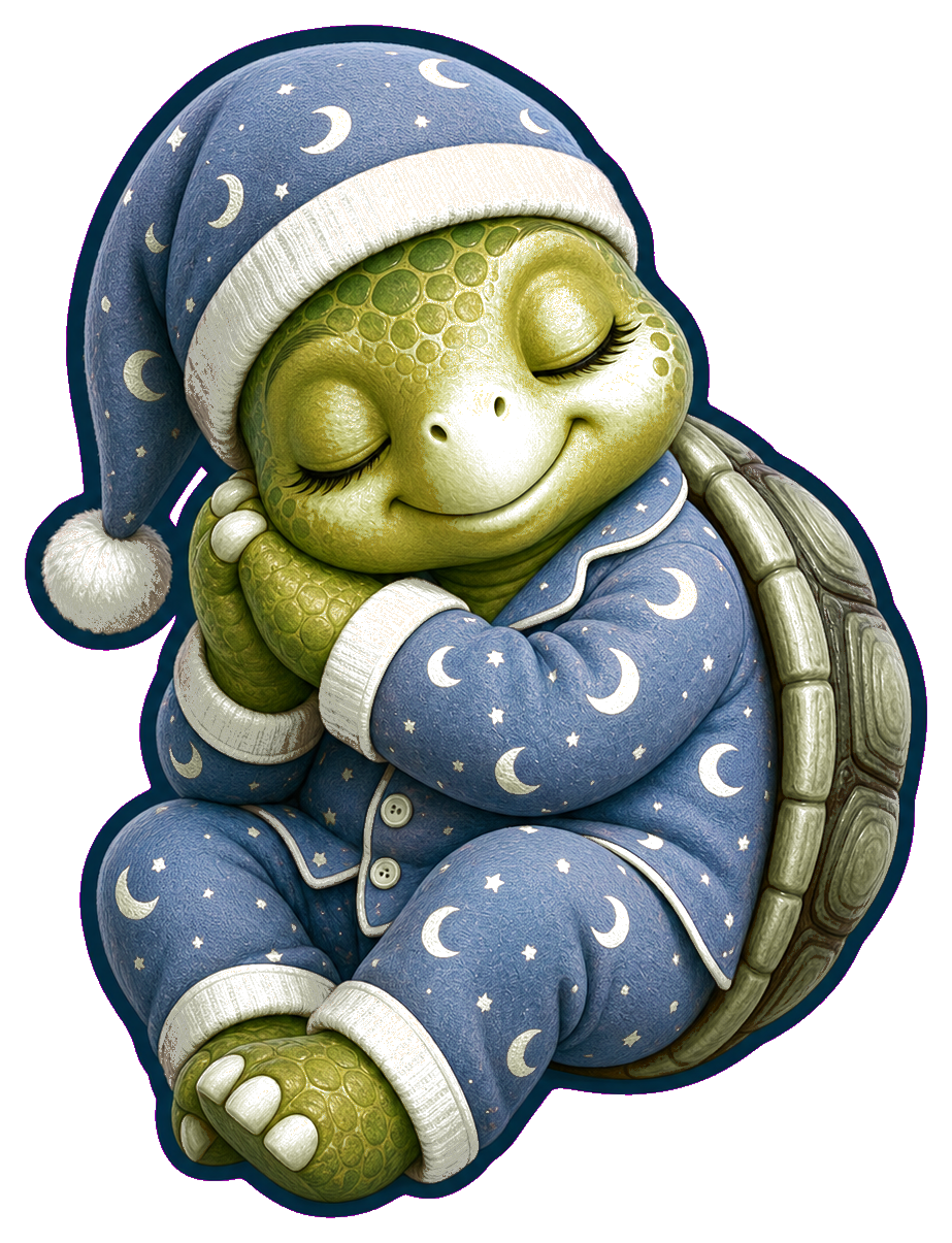 Cute sleeping turtle wearing blue moon pajamas and a matching nightcap