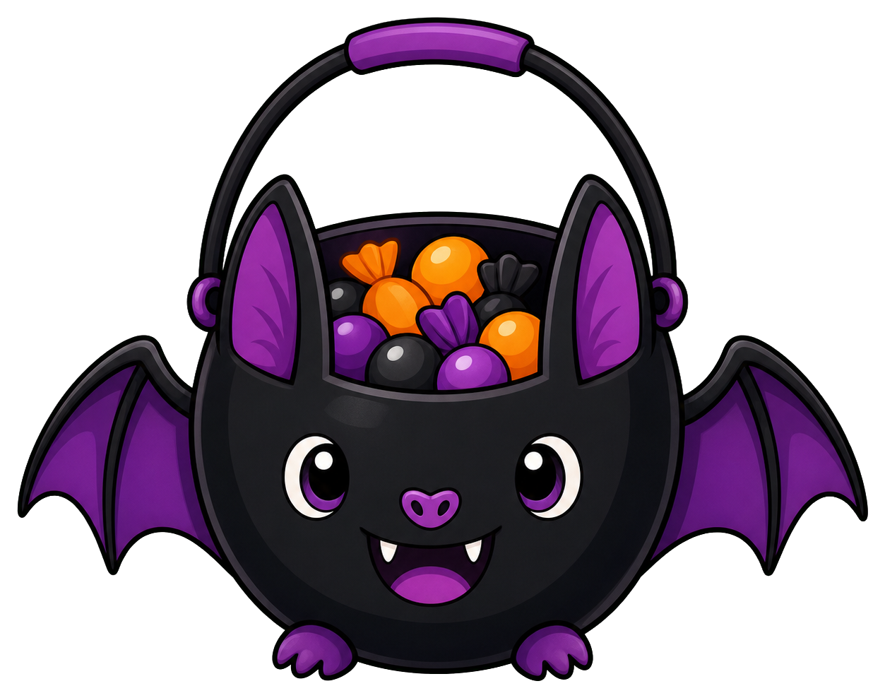 Cute black bat-shaped candy bucket filled with colorful candy.