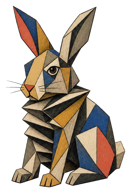 Geometric rabbit sitting upright with accordion-like folds and blue, tan, red, and black shapes