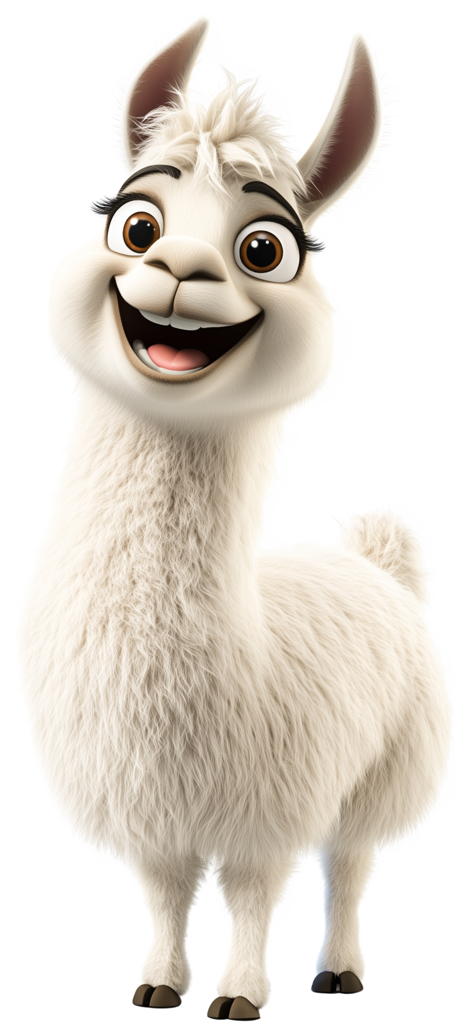Cute smiling 3D llama sticker with fluffy fur and upright ears