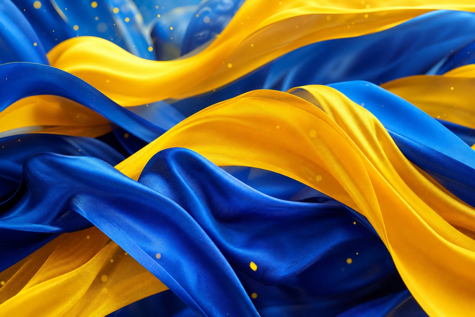 Abstract blue and yellow fabric ribbons flowing in layered waves