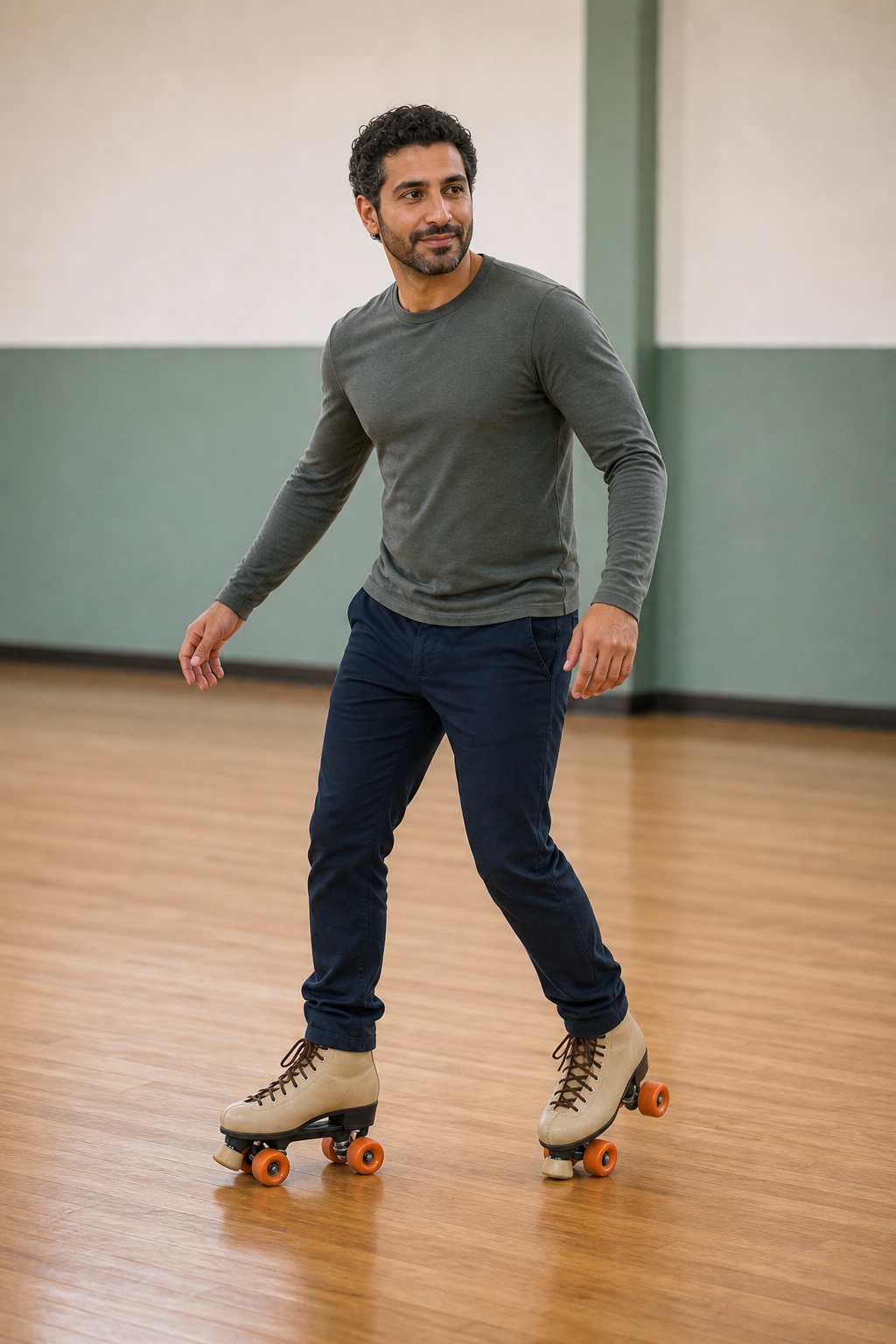Man wearing quad skates gliding across an indoor wooden floor.