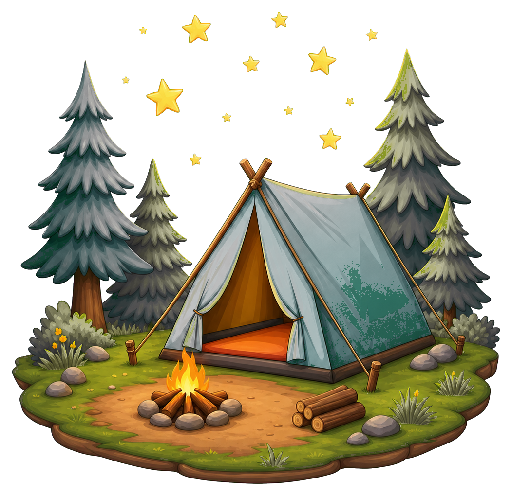 Tent campsite with campfire, pine trees, and stars glowing in the night sky