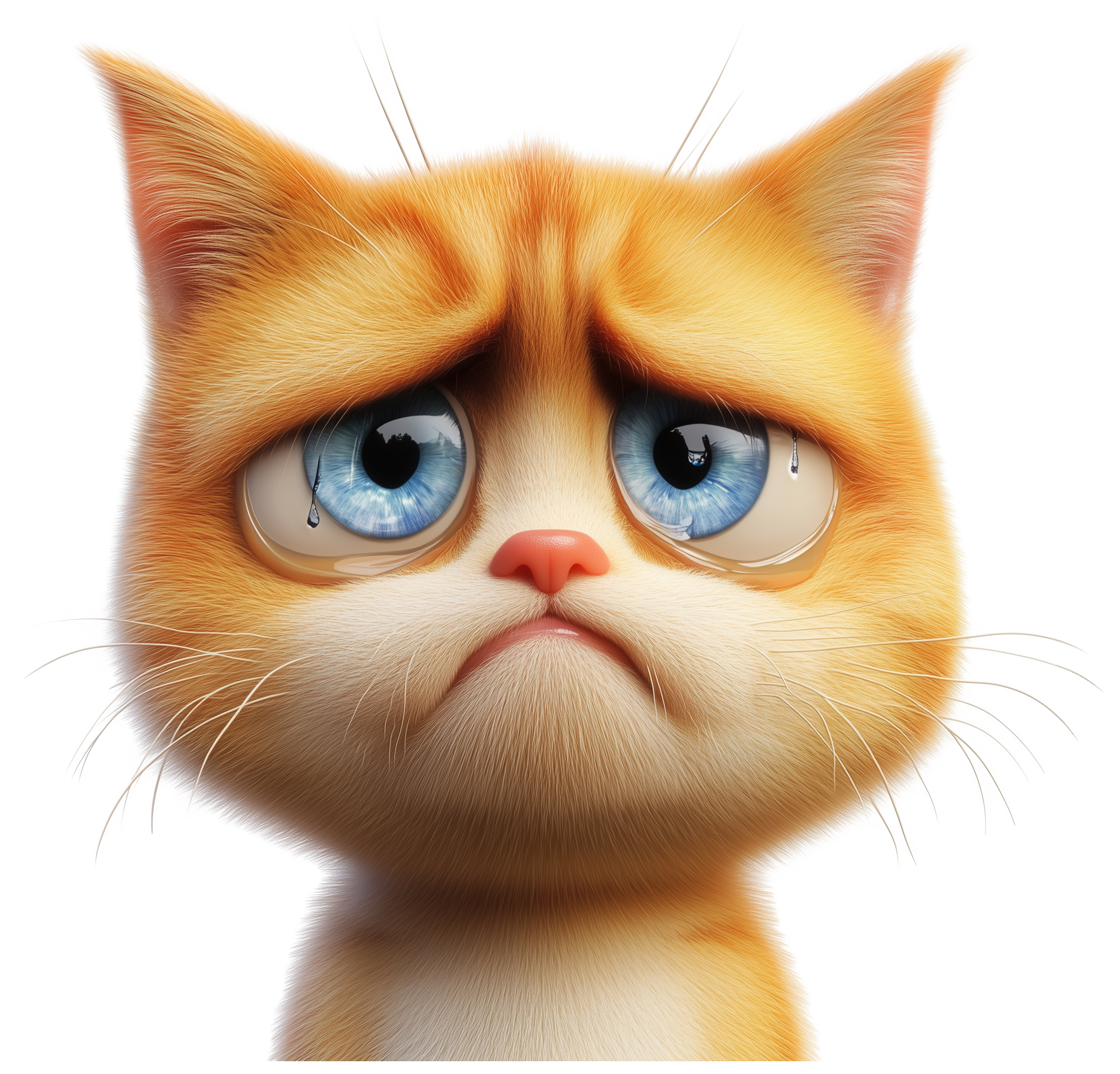 3D cartoon cat face with big blue eyes and a sad expression