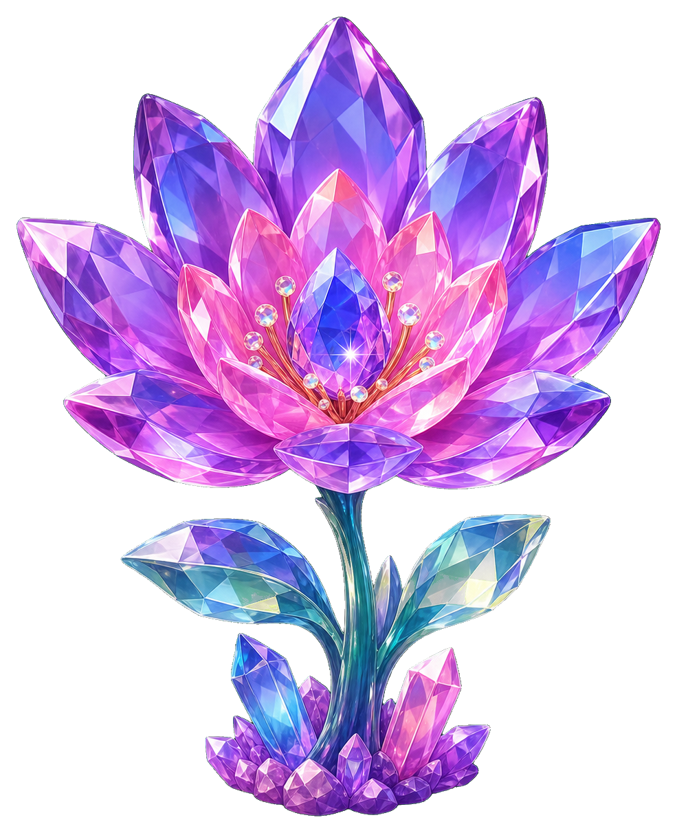 A glowing purple crystal flower with faceted petals and a gem-like stem