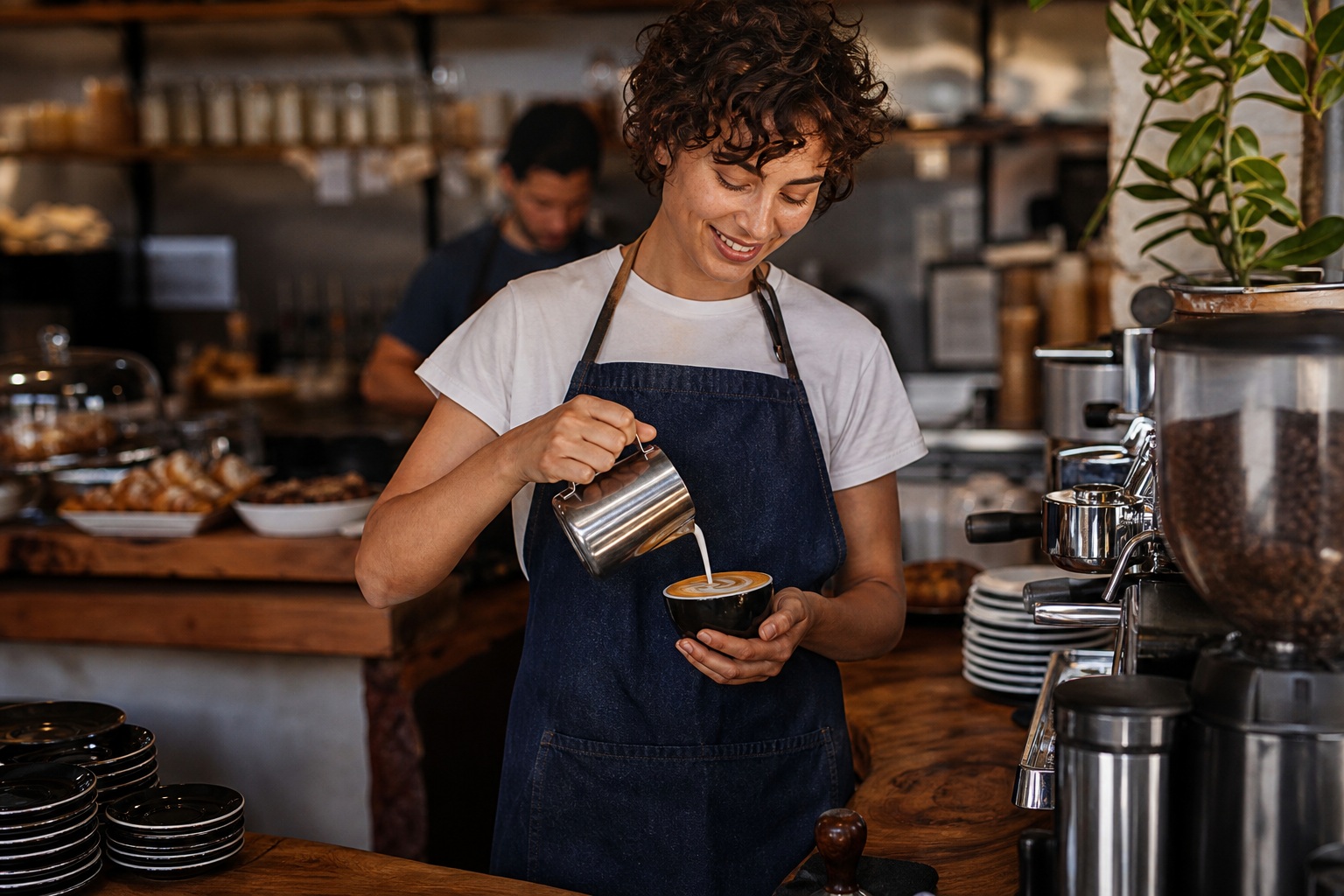 Smiling barista pouring hot coffee in a busy cafe kitchen