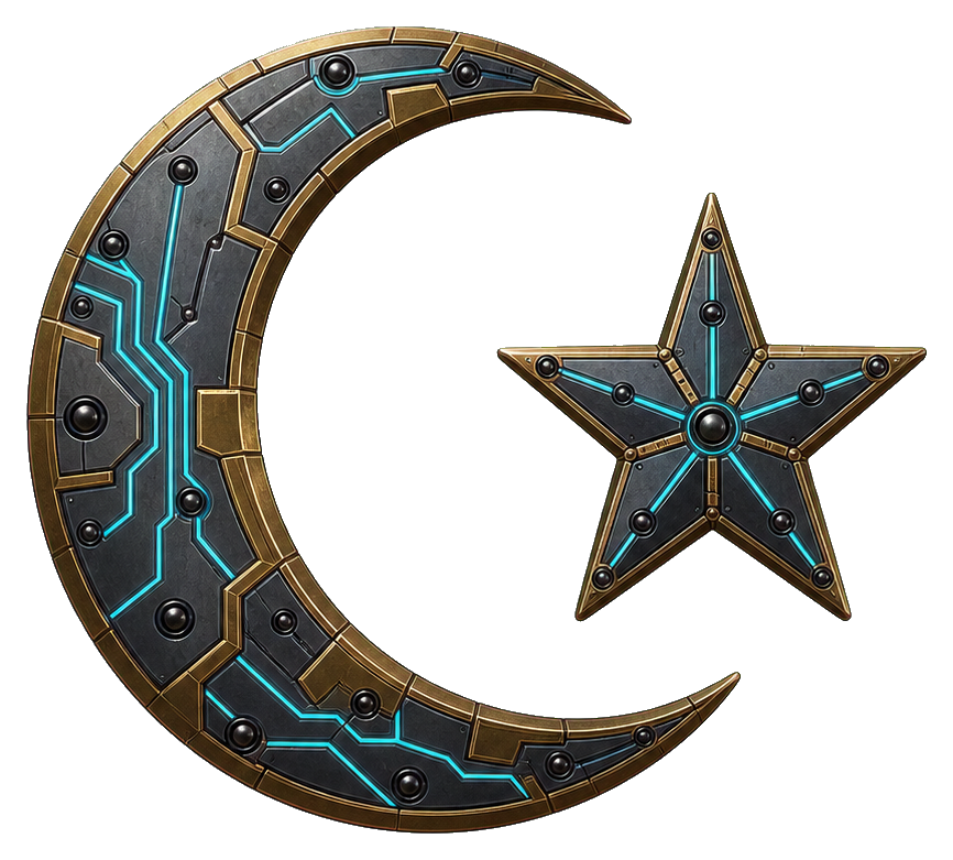 Mechanical crescent moon and star sticker with blue inlay details on a dark background