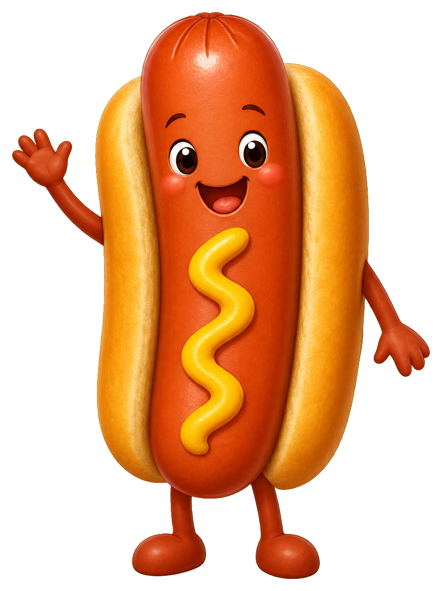 Smiling hot dog character waving with one hand and standing upright.