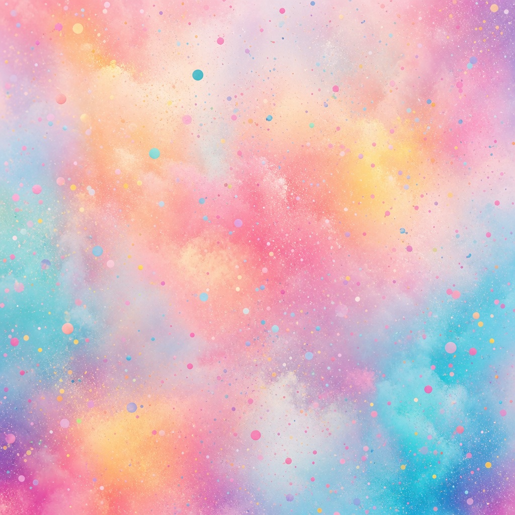 Pastel abstract background with candy confetti, soft color mist, and festive sparkles.