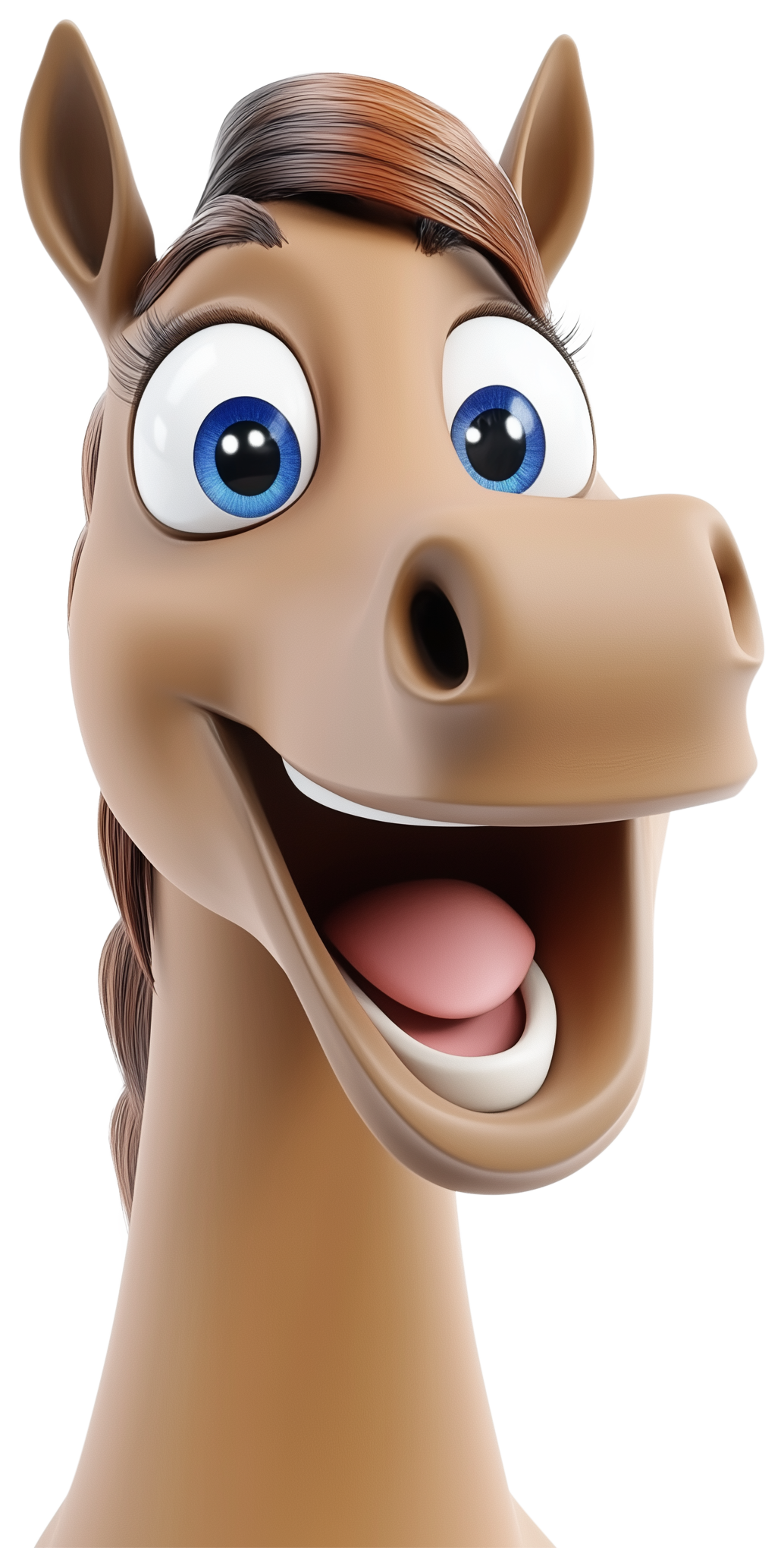 Smiling cartoon horse head with big blue eyes and open mouth