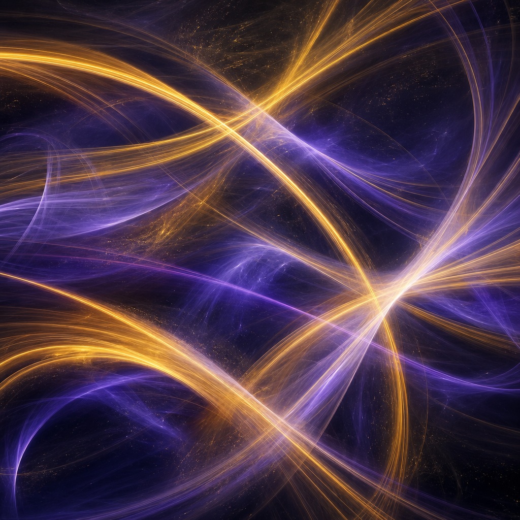Gold and indigo light arcs crossing over a dark abstract background