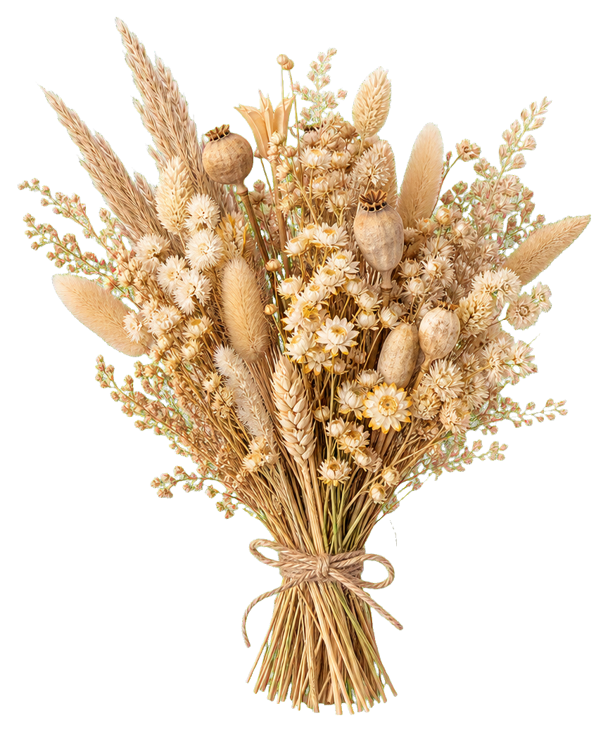 Dried bouquet of beige and cream flowers tied with twine.