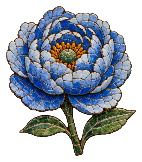 Blue ceramic mosaic peony flower with green leaves and stem