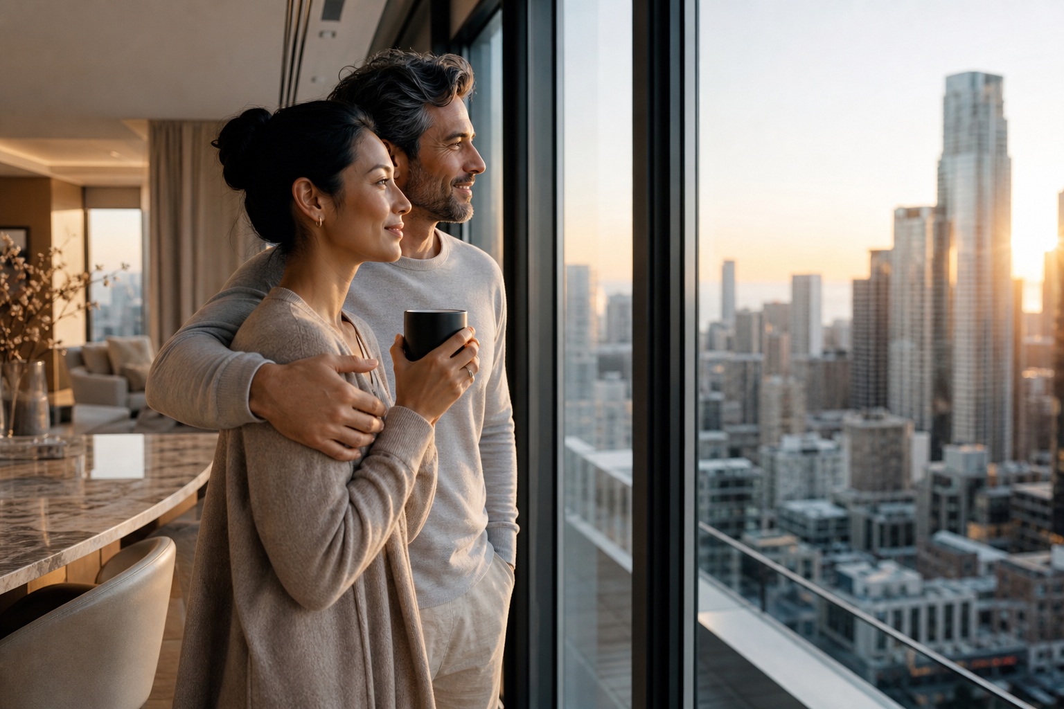 A couple holding coffee mugs by a large window with a city skyline behind them.