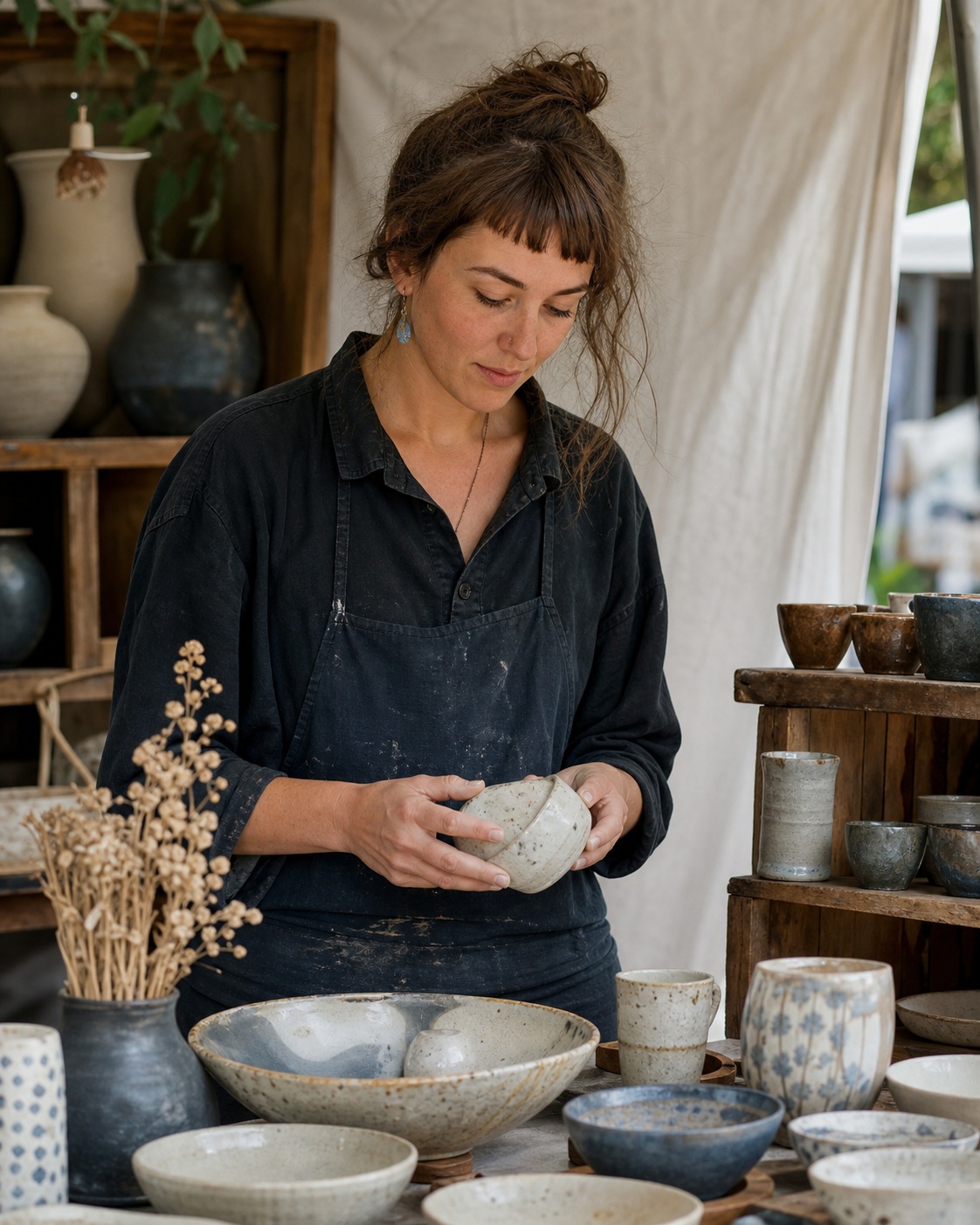 Woman in a pottery studio arranging handcrafted ceramic bowls and cups.