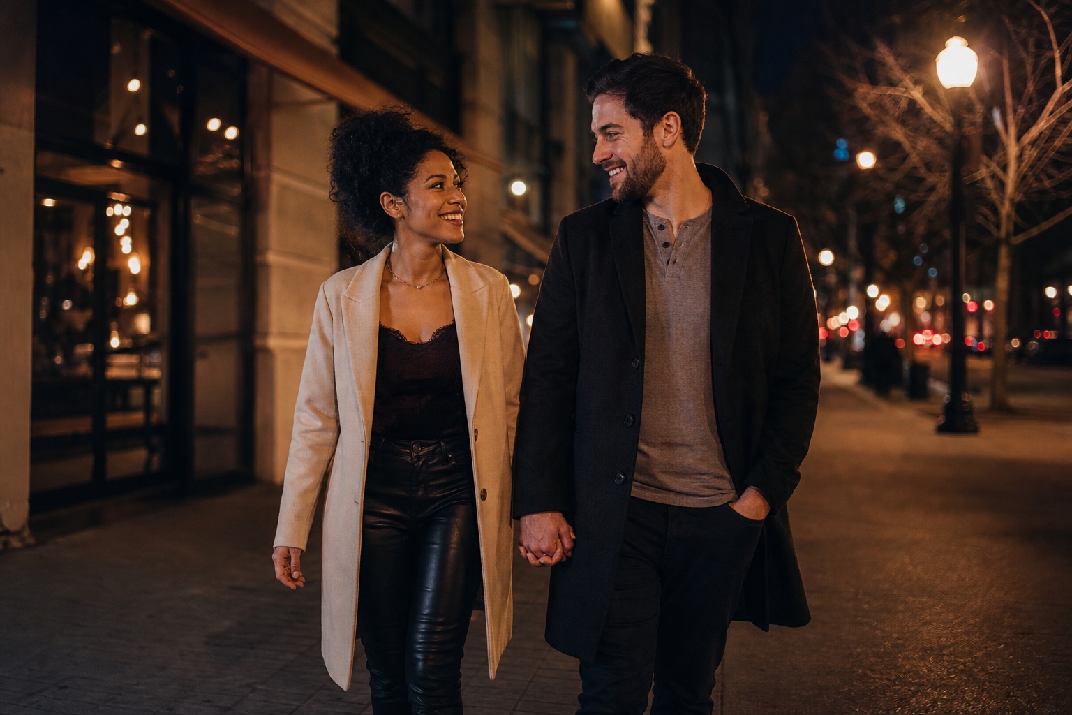 A couple holding hands while walking along a softly lit city street at night.