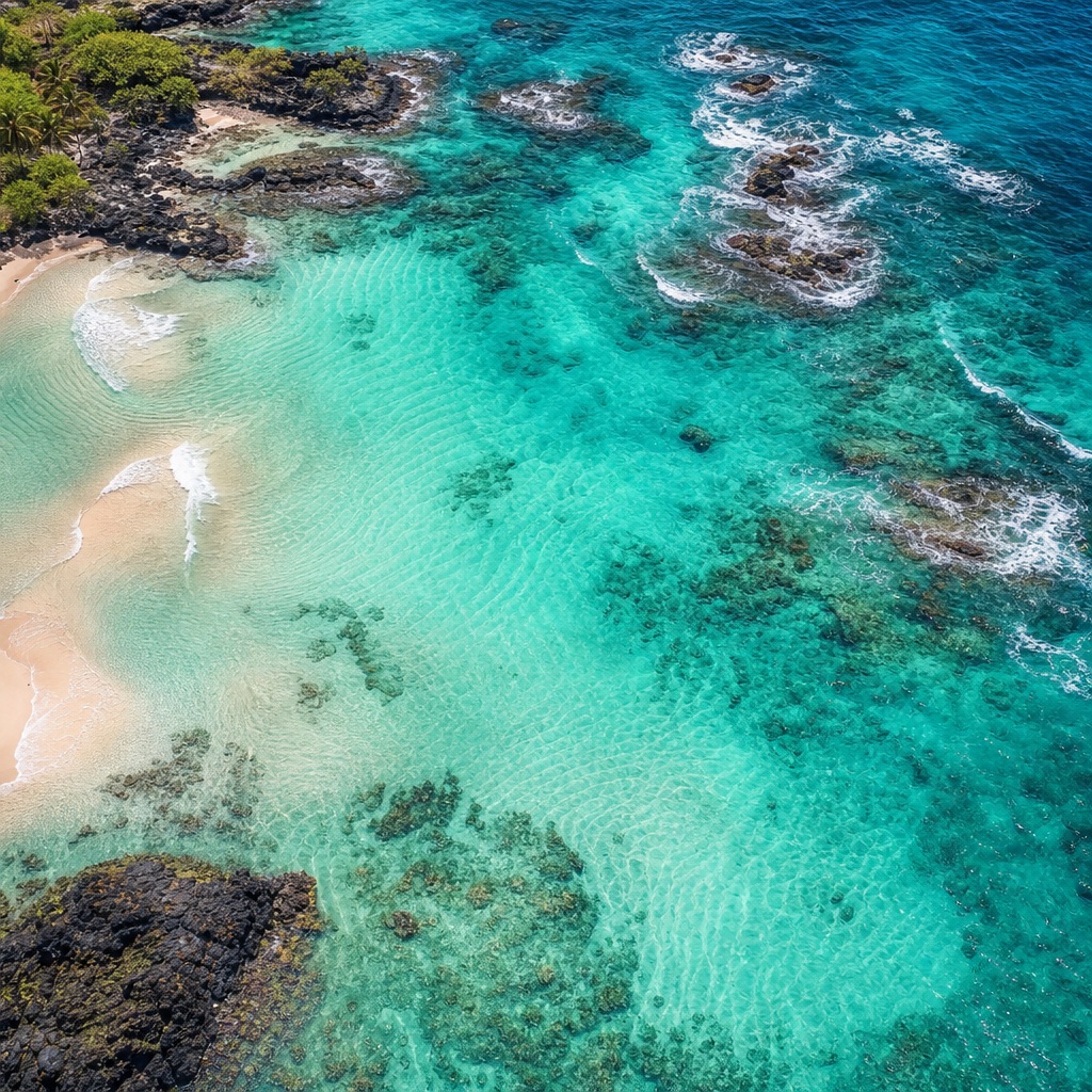 Aerial view of bright aqua tropical water with ripples, rocks, and a small sandy shoreline