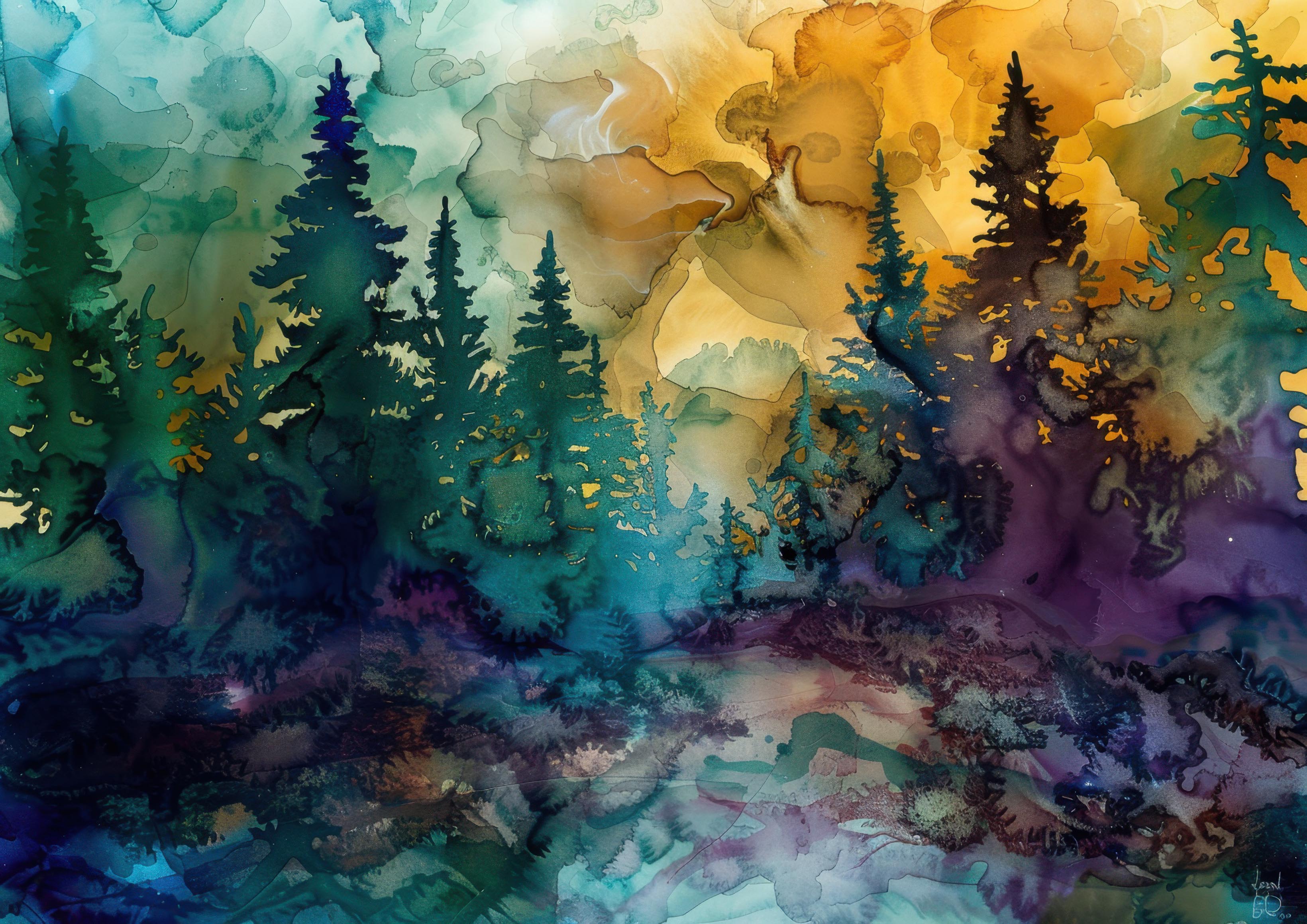 Preview for Watercolor-forest-landscape-art-astrophotography-photo-backgroun-70340