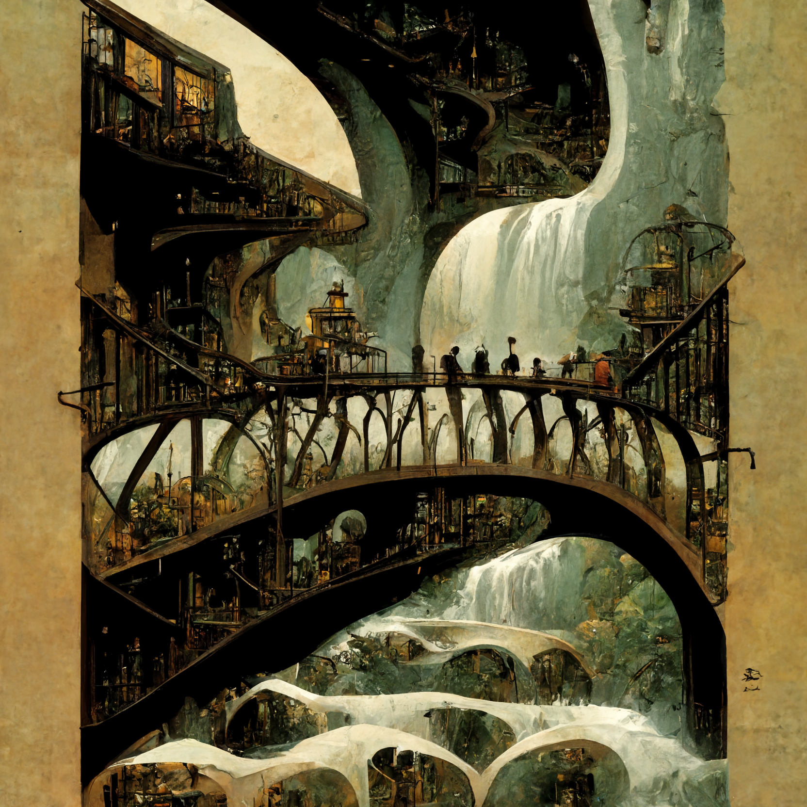 Preview for Steampunk-waterfall-cityscape-art-ai-images-background-48f20