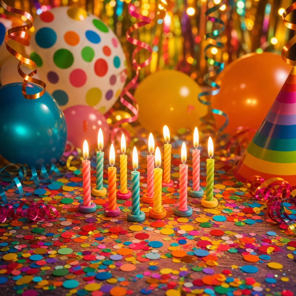 Colorful confetti-covered birthday scene with lit candles, balloons, and a party hat.