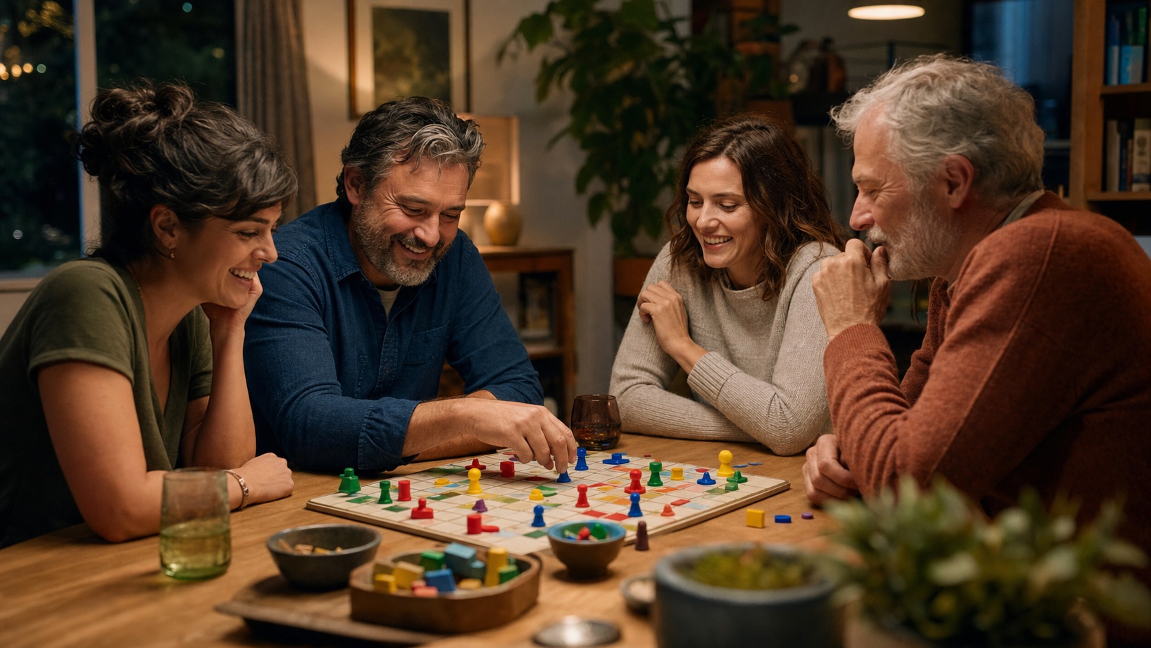 Four family members gathered around a board game on a table indoors.