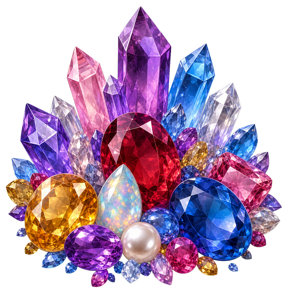 Cluster of colorful faceted gemstones and crystals with a pearl at the center