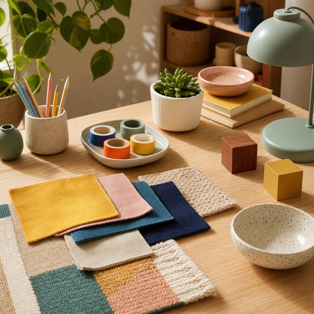 Desk still life with stationery, fabric swatches, plant, lamp, notebooks, and small containers on a table.
