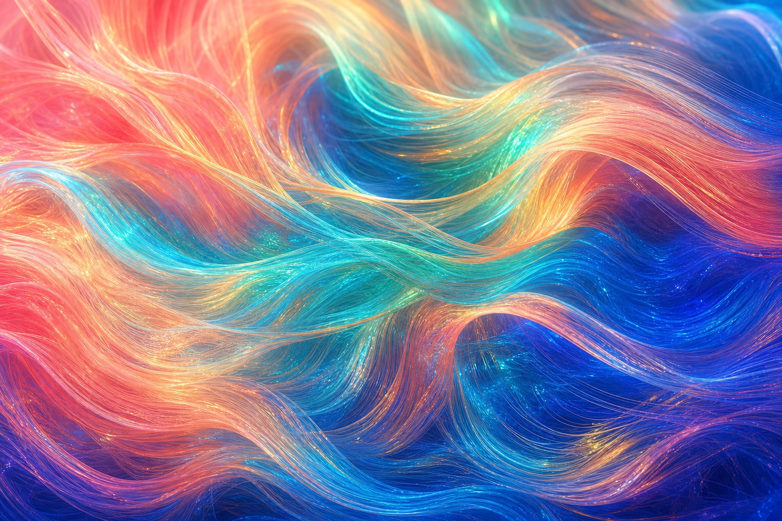 Flowing coral, turquoise, and blue iridescent mesh with layered abstract color currents