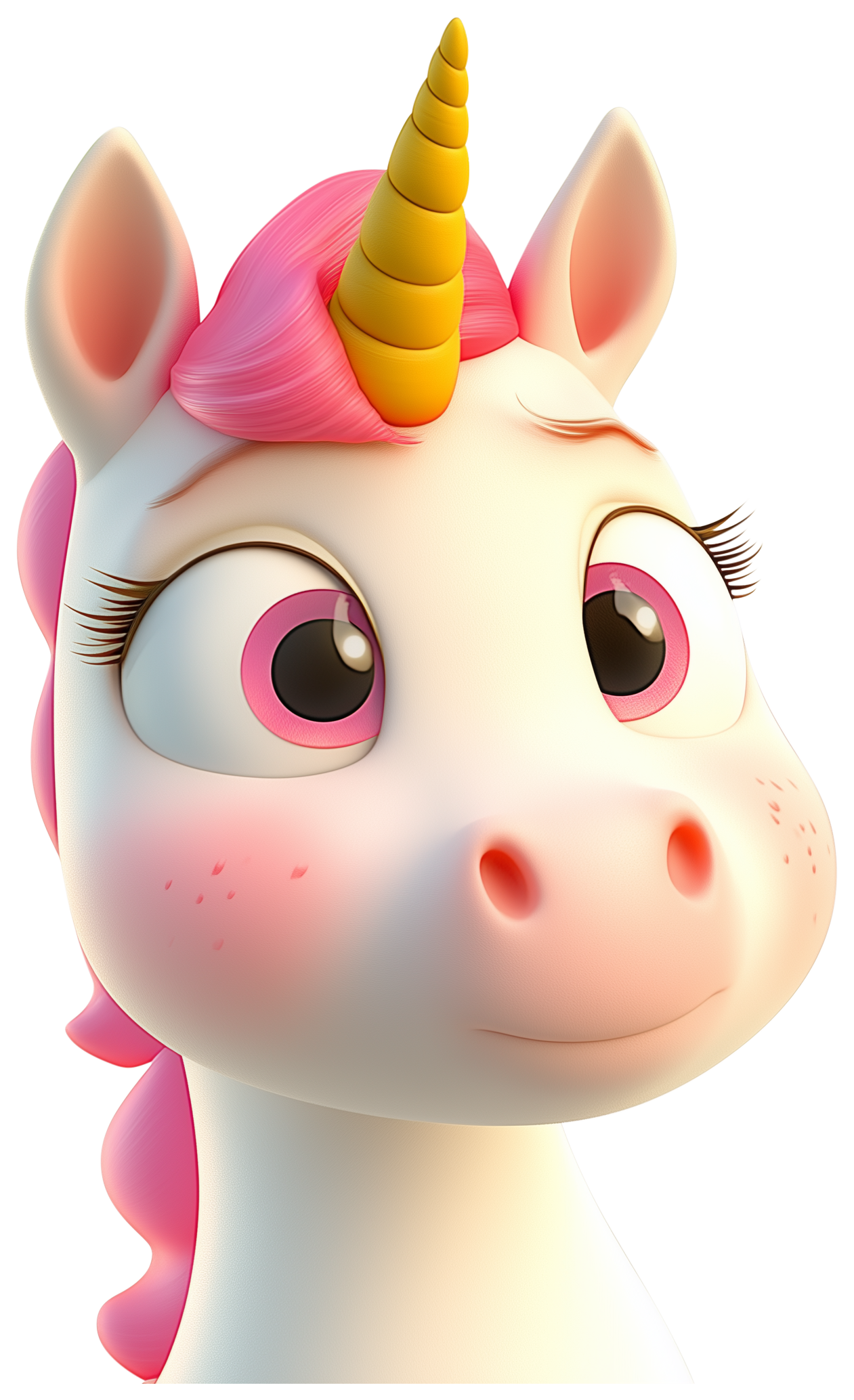 Cute cartoon unicorn head with a pink mane and yellow horn sticker.