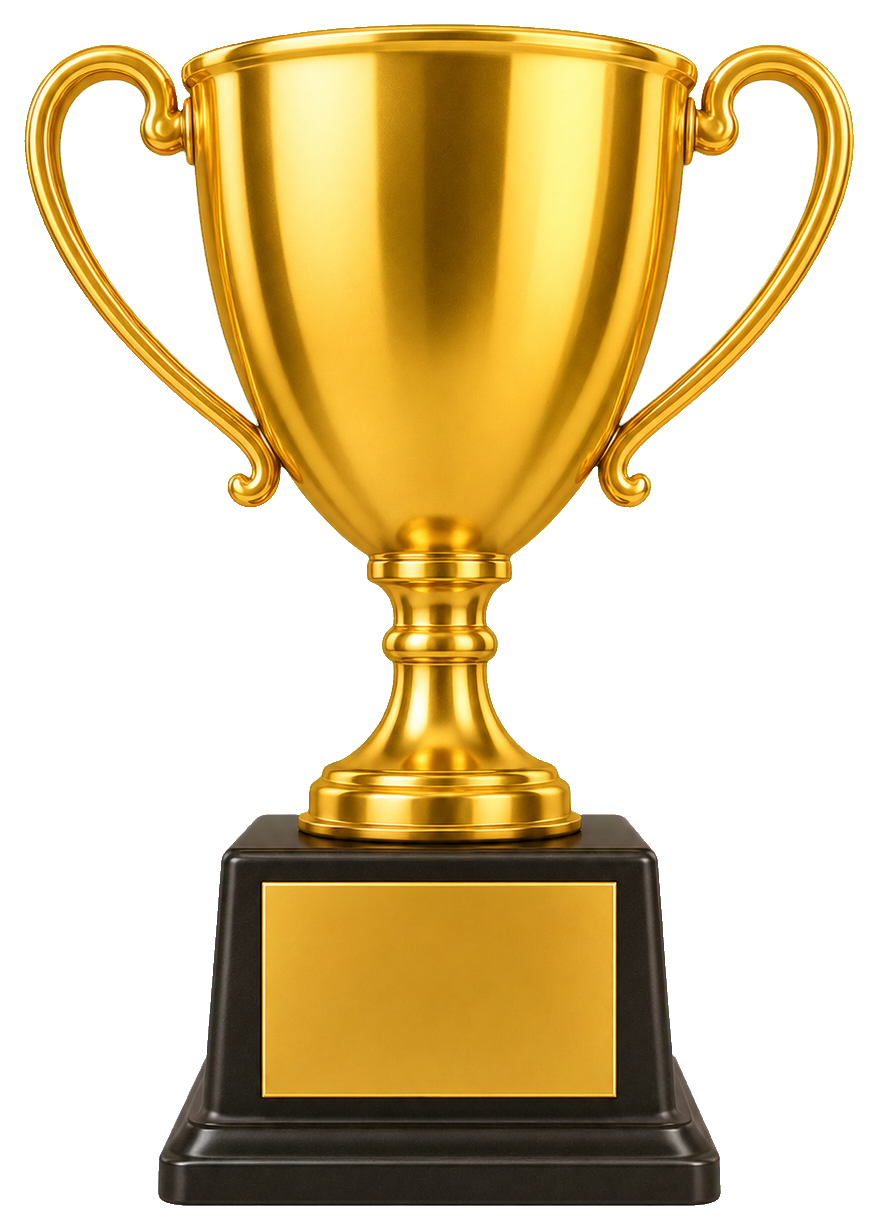 Gold trophy with a blank plaque and black base on a transparent background.