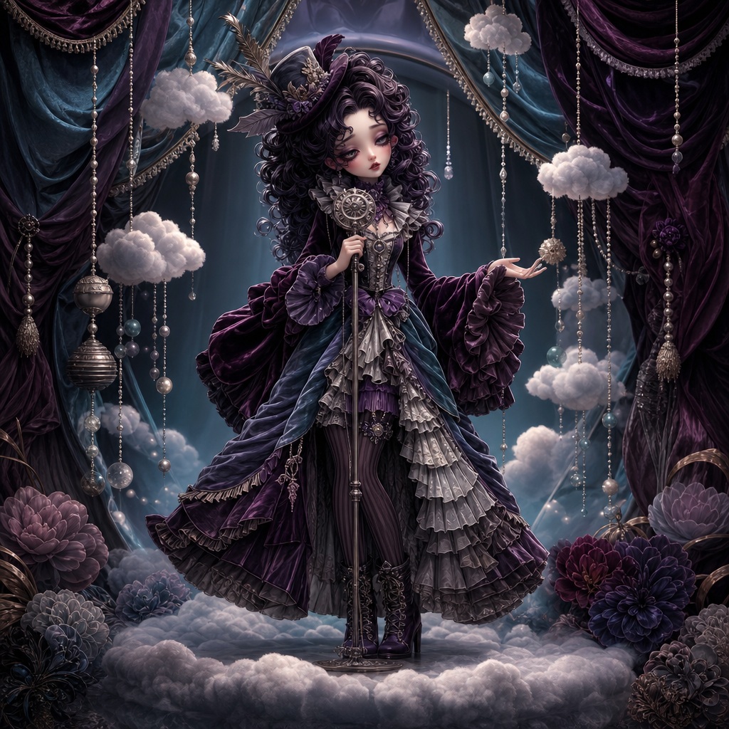 Gothic cute singer standing on clouds in a dark theatrical scene with draped curtains