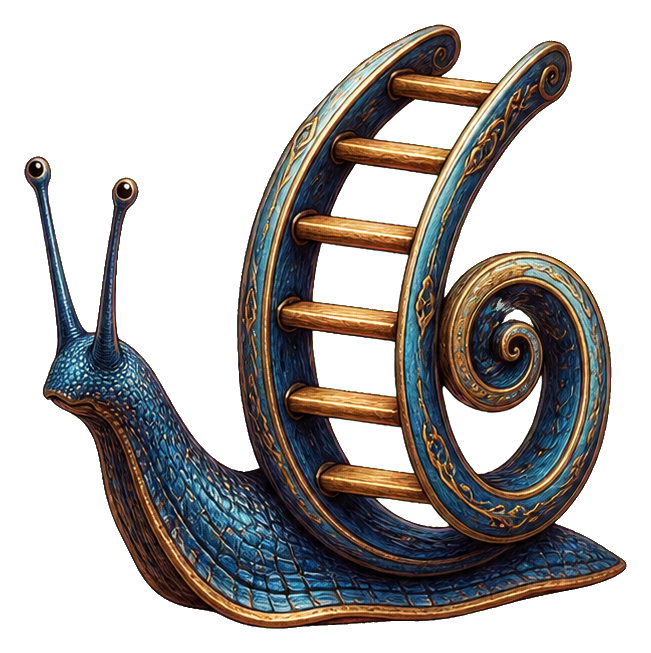 A blue snail with a spiral shell carrying a curved wooden ladder