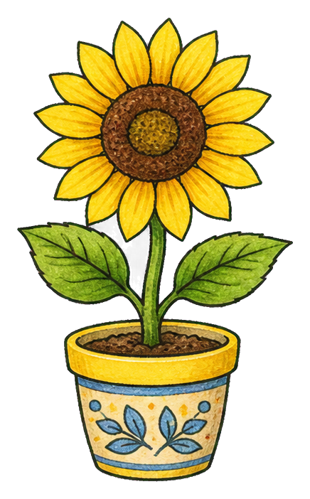 Sunflower plant growing in a decorated yellow flower pot sticker