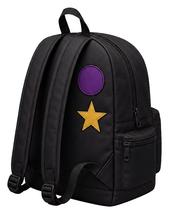 Black backpack with a purple circle and gold star on the front.