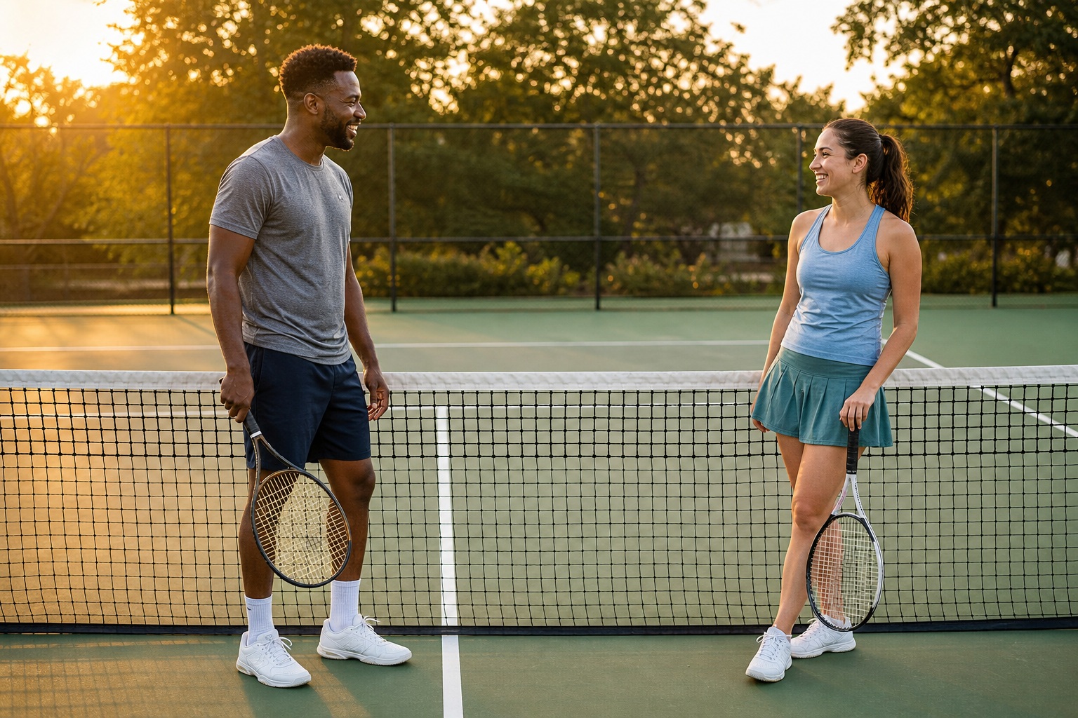 Two tennis players standing on a court and talking at sunset.