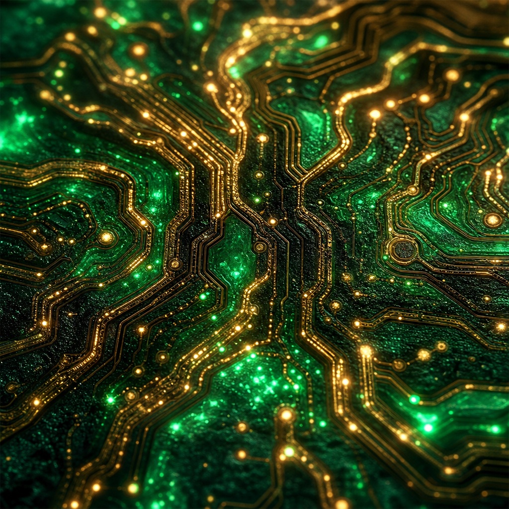 Green neon circuit lines and glowing nodes forming an abstract circuitry pattern