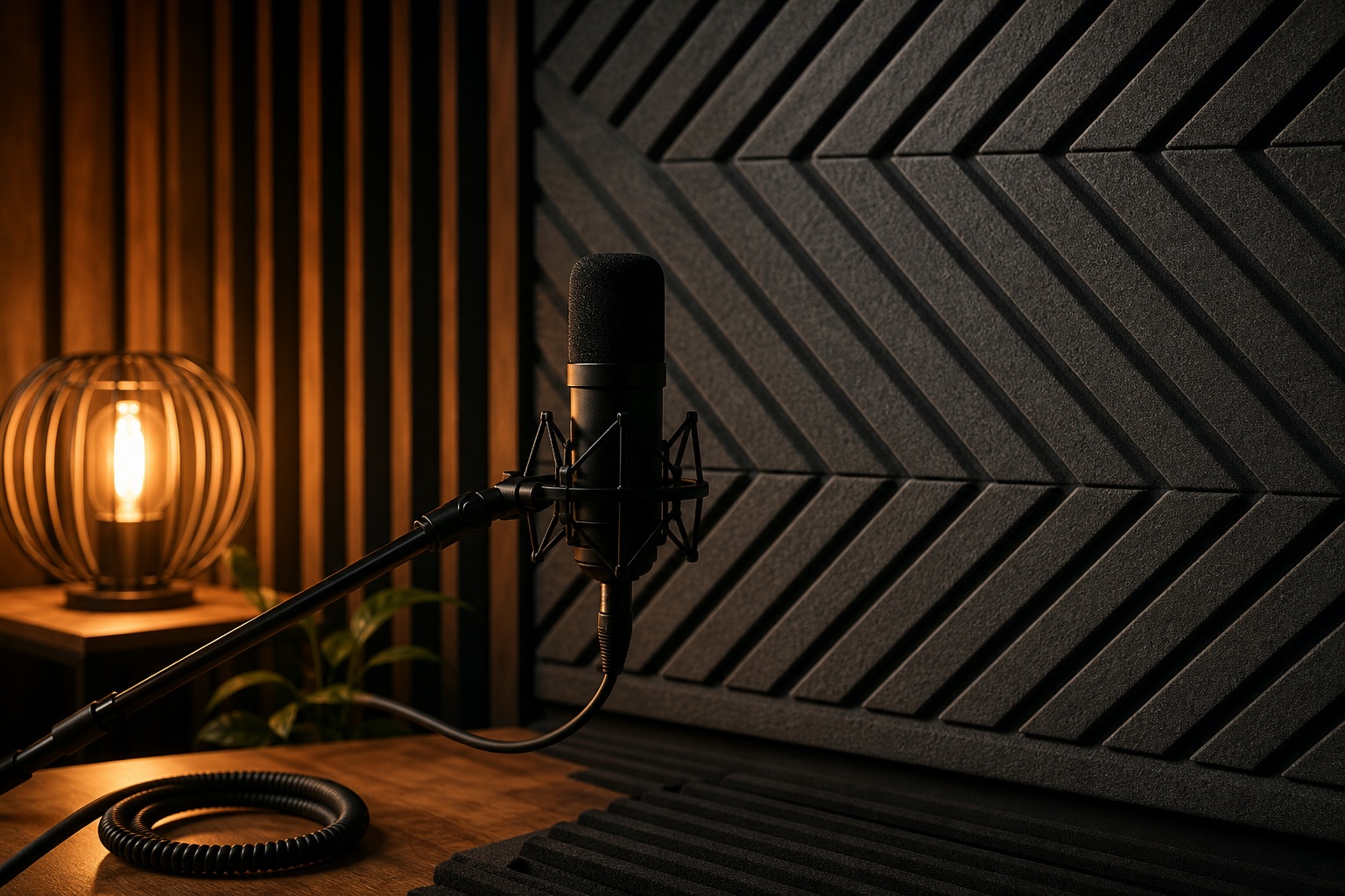 Microphone on a desk beside a glowing lamp and dark acoustic wall panels in a studio.